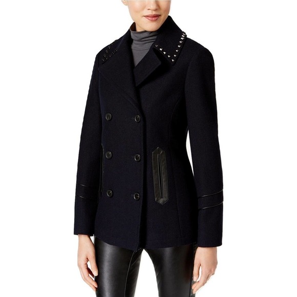 Michael Kors Peacoat Wool Blend Studded Double-Breasted Coat Navy 8/10 $360 Nwt - Picture 1 of 4